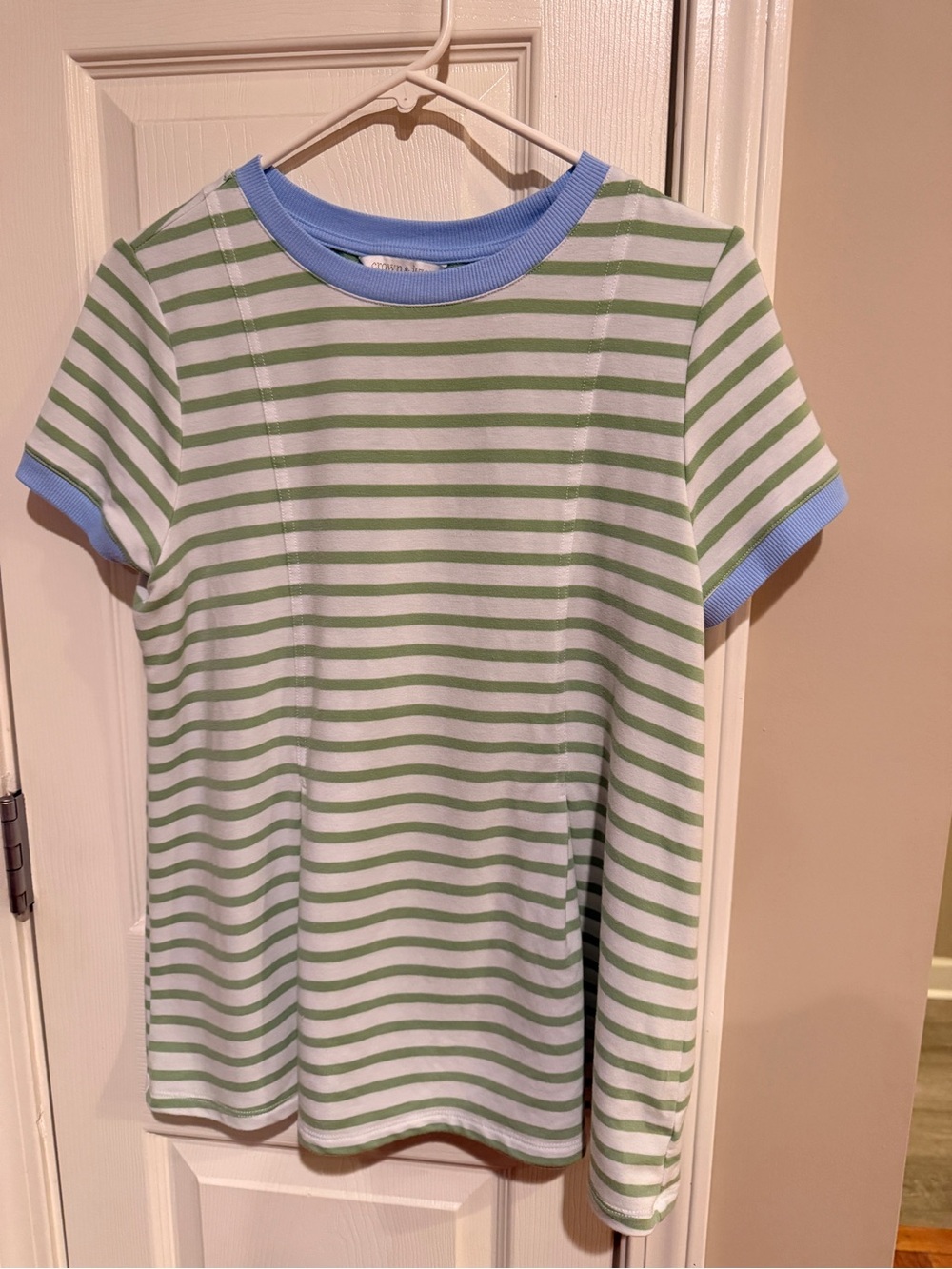 Crown & Ivy Women’s Baby Terry Contrast Stripe T-Shirt with Light Blue Trim